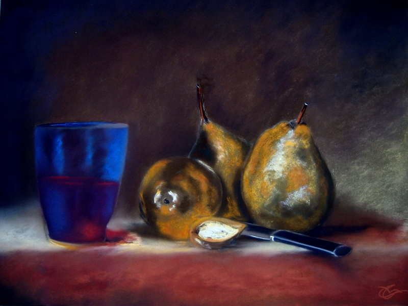 131 Verre bleu et poires (50x65).jpg - Verre bleu et poires (50x65 cm)